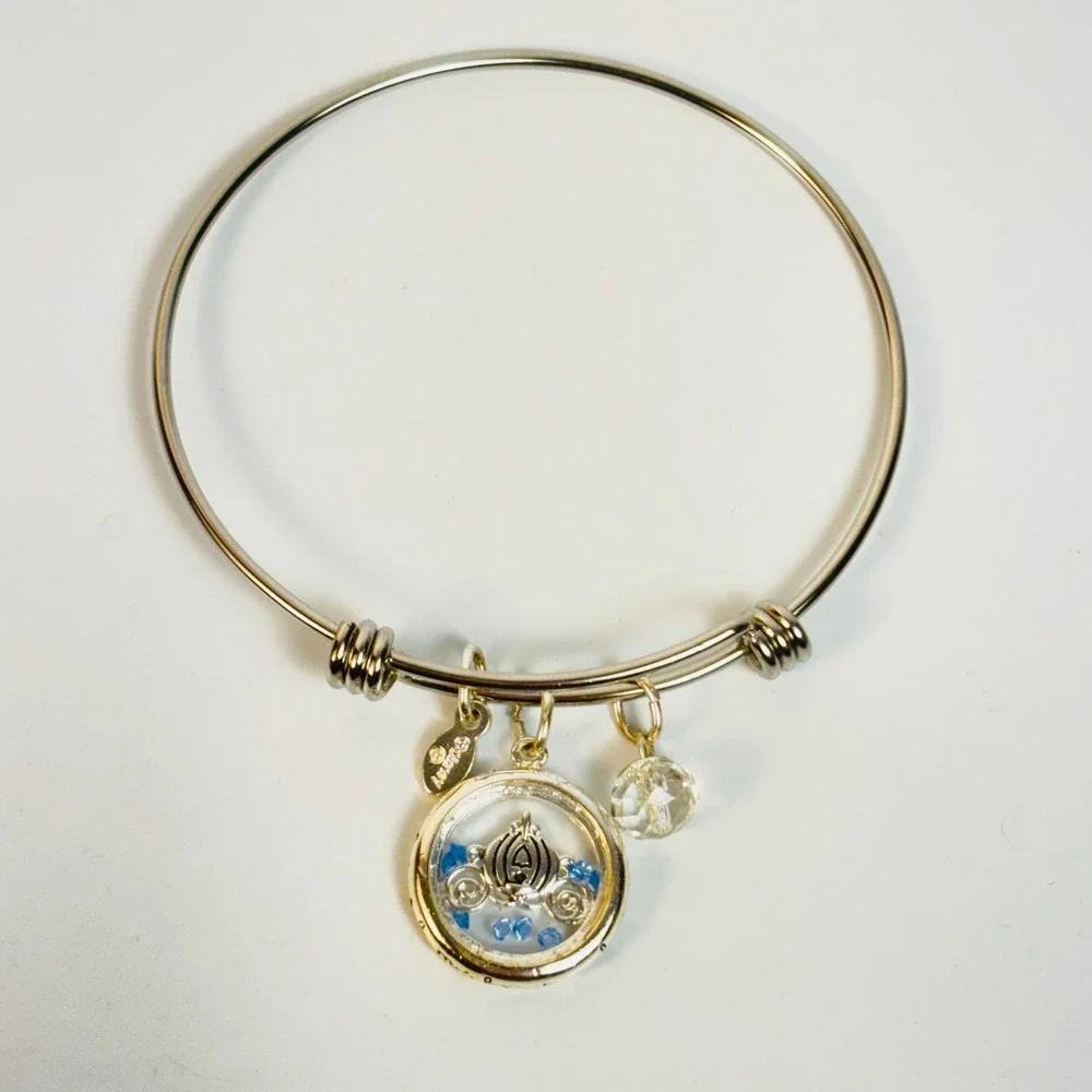 Disney Bangle Bracelet Silver Cinderella Pumpkin Carriage Floating Locket Charm